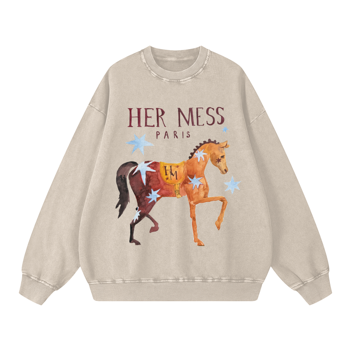 Her Mess Acid Wash Crew Light Grey