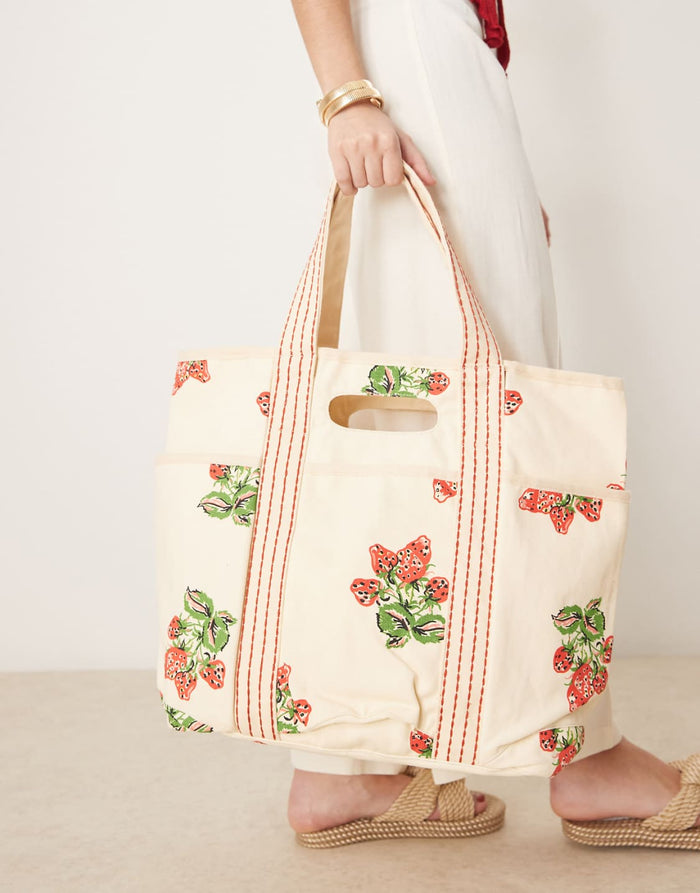 Printed caravan tote strawberries, free people, Mika and max