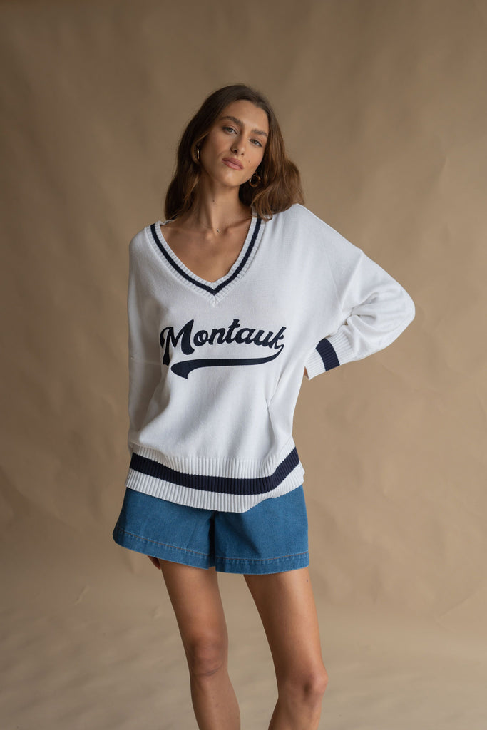 Montauk V-Neck Knit Sweater White