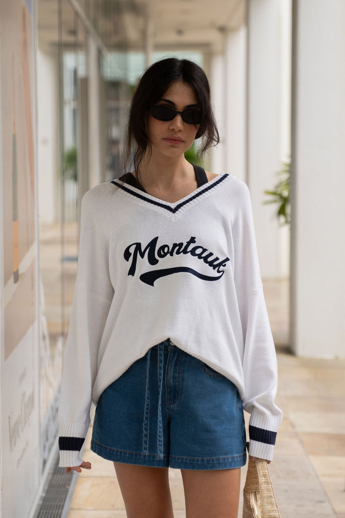 Montauk V-Neck Knit Sweater White